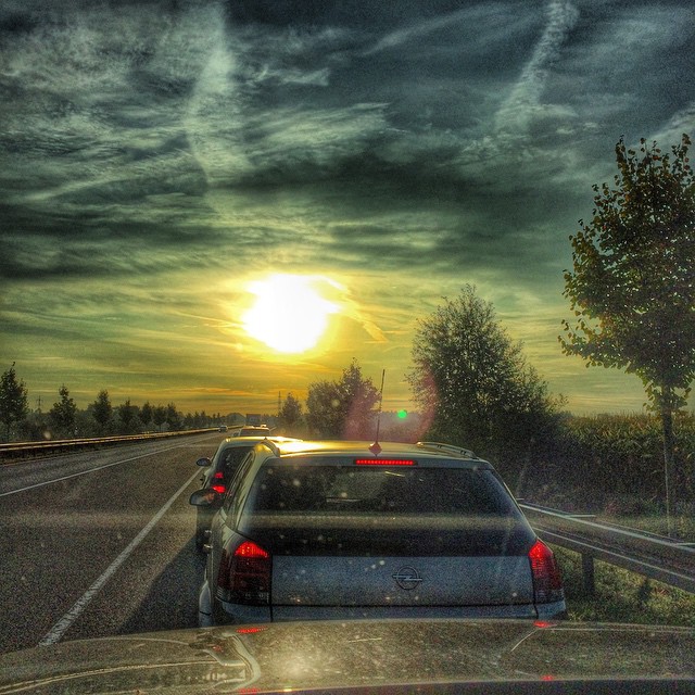 Sun and traffic jam in the morning