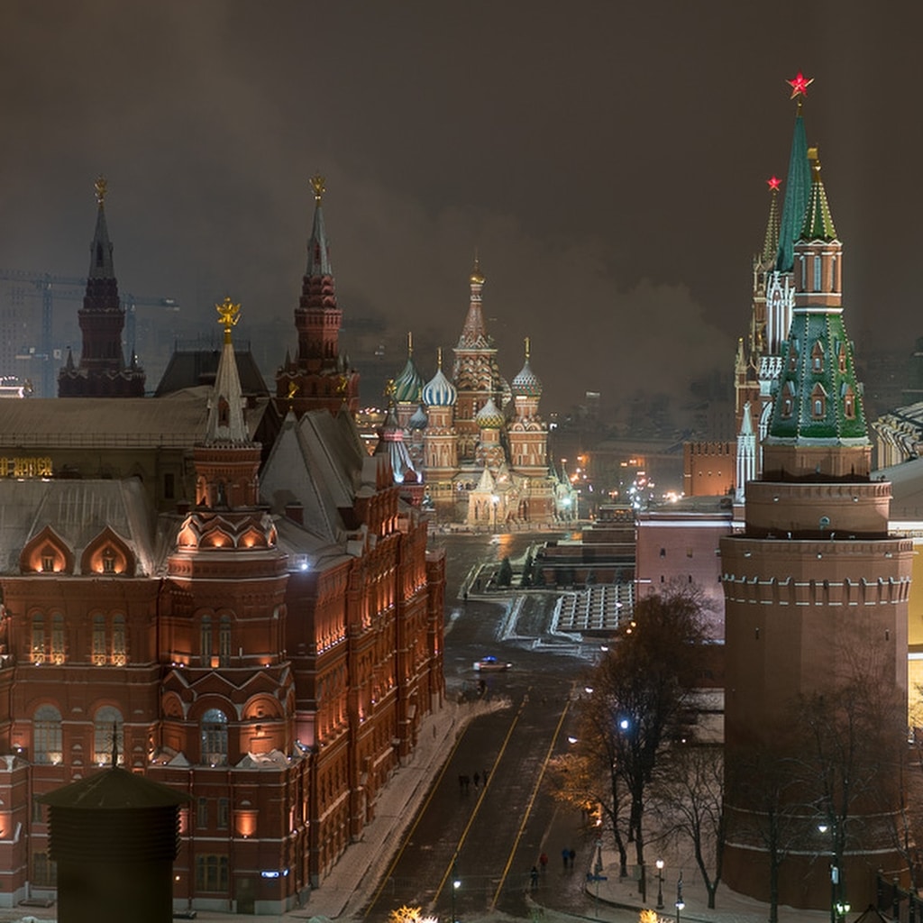 Memory, at night over the rooftops of Moscow.